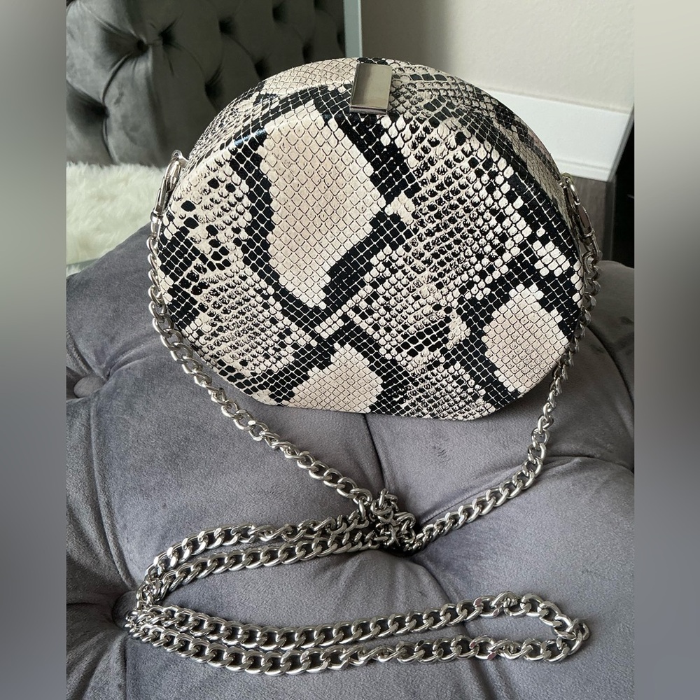 Chic Snakeskin Pattern Round Bag with Chain Strap